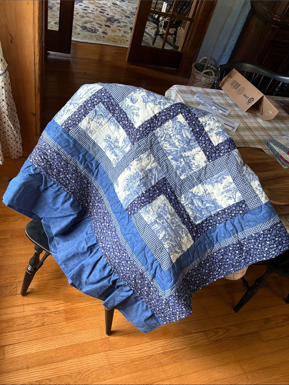 Handmade Blue Patchwork Quilted Throw with Toile Accents -